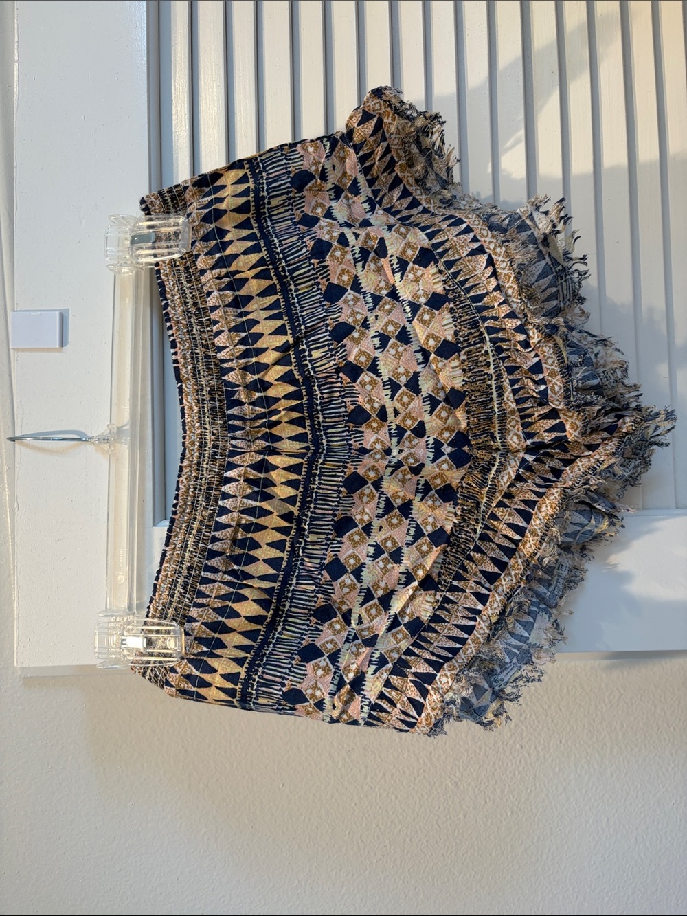 Volcom Navy and Tan Geometric Fringe Hem Shorts